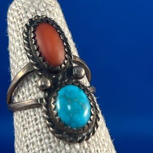 Turquoise and Coral Silver Ring Native American